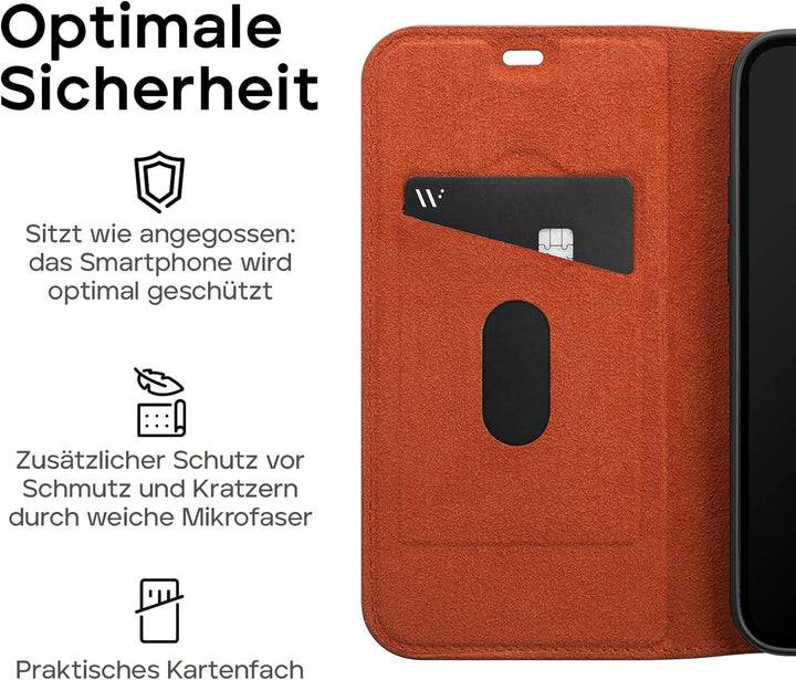 WIIUKA Hülle für iPhone 13 Pro Max, Deutsches Premium Leder, mit Kartenfach, extra Dünn, Handyhülle