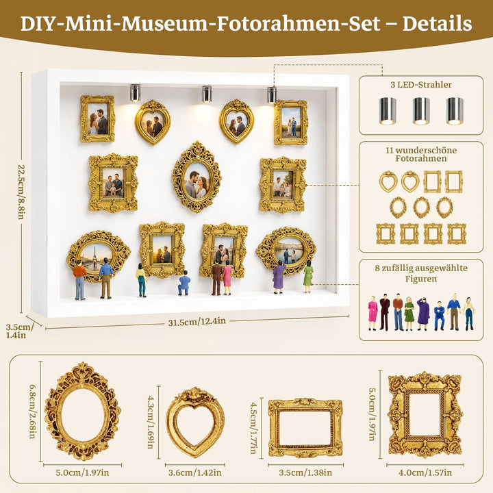 DIY Mini Museum Menschen Bilderrahmen, Mini Figuren Museum Bilderrahmen mit 11 Goldene Rahmen Vintag