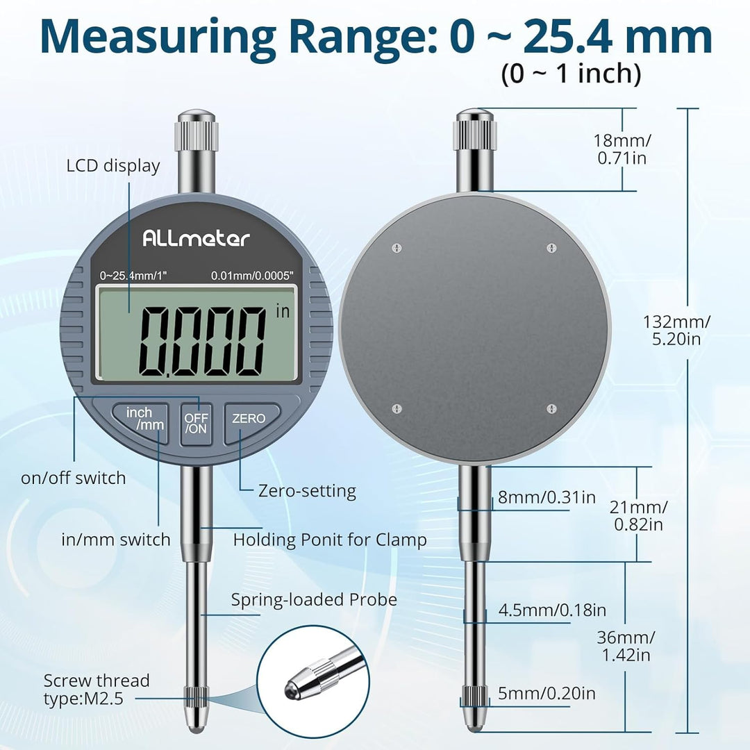 ALLmeter 0.01/0.0005'' Digital Messuhr 0-25.4 mm/1" mit Toleranzfunktion Zoll/metrische Umrechnung D
