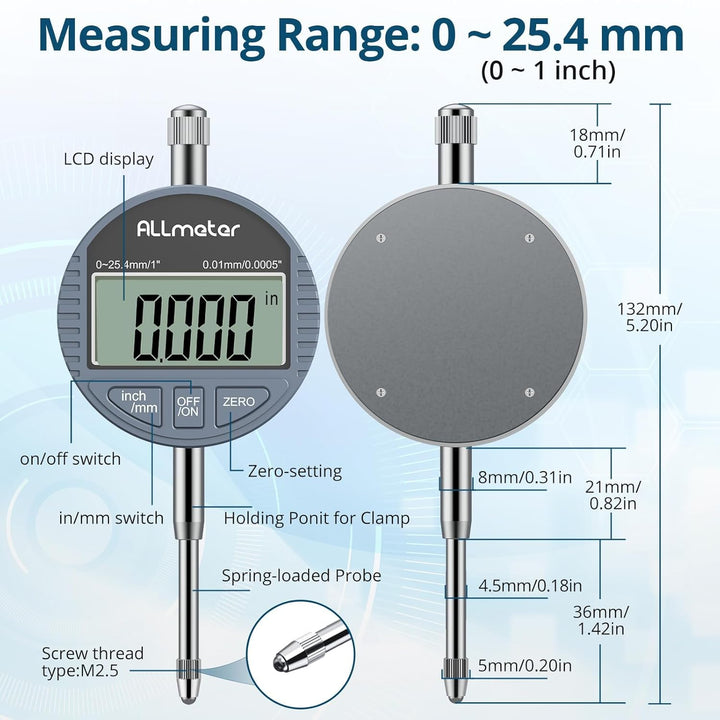 ALLmeter 0.01/0.0005'' Digital Messuhr 0-25.4 mm/1" mit Toleranzfunktion Zoll/metrische Umrechnung D