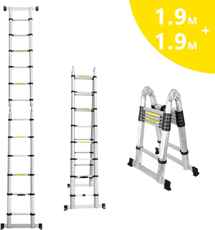 Eulenke 3,8M (1.9+1.9M) Teleskopleiter - Rutschfester Multifunktionsleiter 150 kg Belastbarkeit - Al