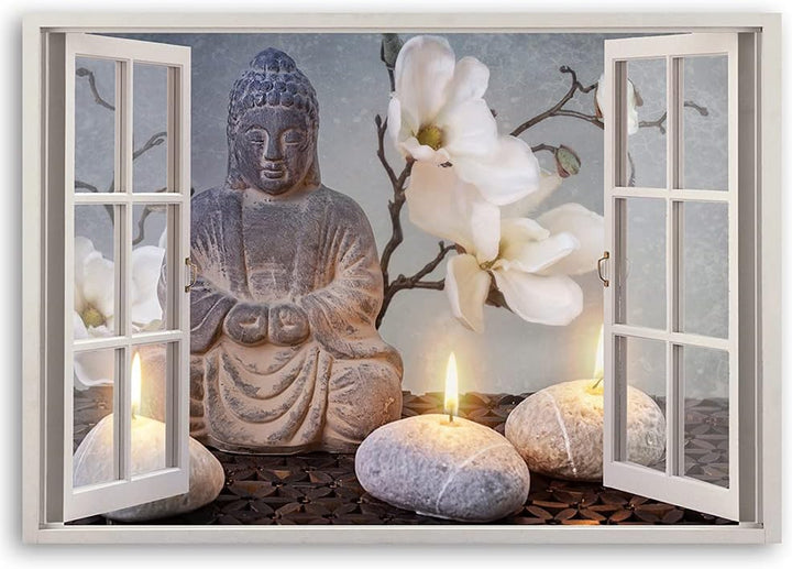 Feeby Viles - Leinwand Bilder - Fensterblick Natur- 120x80 cm- Deko Wohnzimmer - Wandbilder Schlafzi