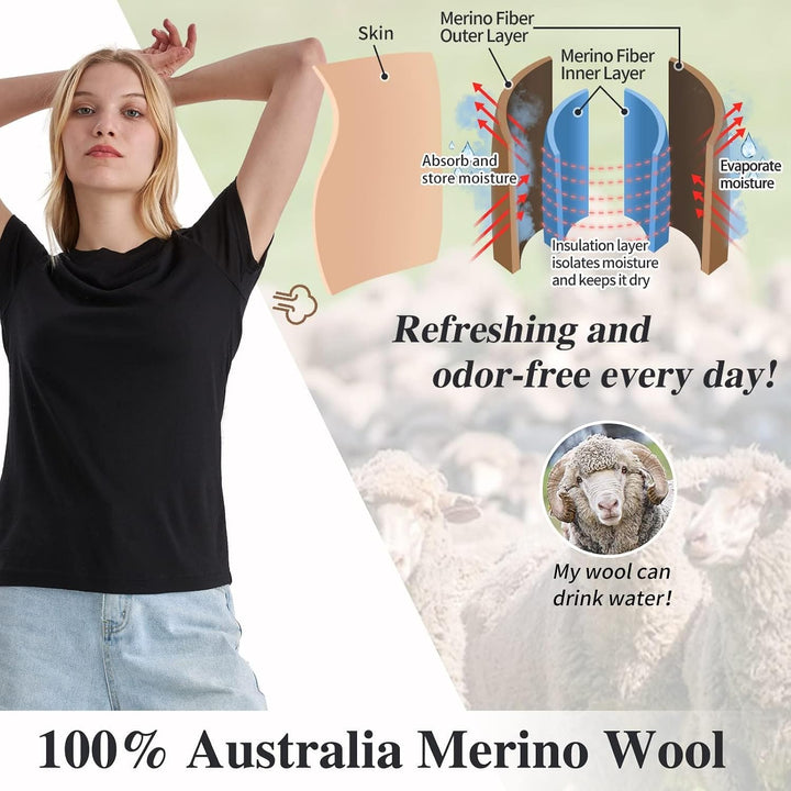 Merino Protect 100% Merino Wolle Shirt Damen Kurzarm Rundhals Wolle Unterhemd Geruchsresistenz Funkt