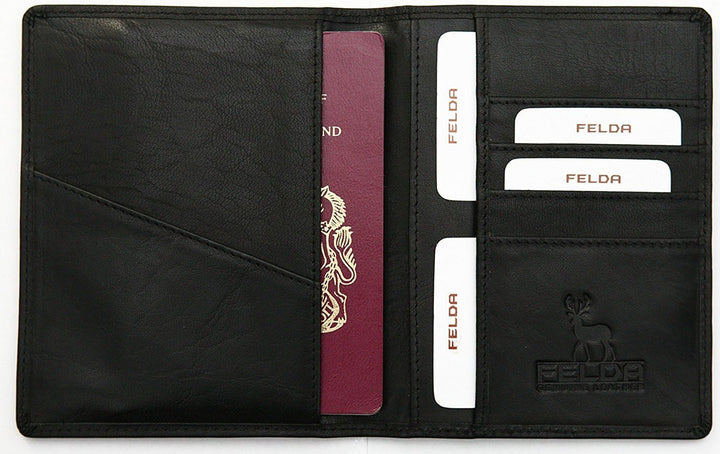 Felda - Reisebrieftasche aus Leder - Reisepasshalter & Kartenfächer - RFID-Blocker - Schwarz, Schwar