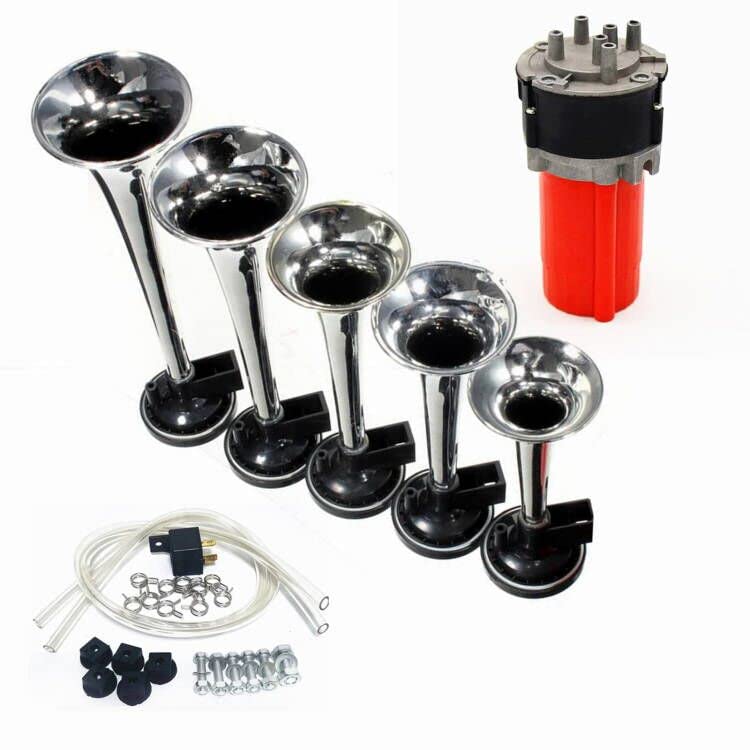YIYIDA Fünf-Röhren-Musikhorn Autohupe Dixiland Mehrfrequenz-Sound rote Luftpumpe Persönlichkeit 12V