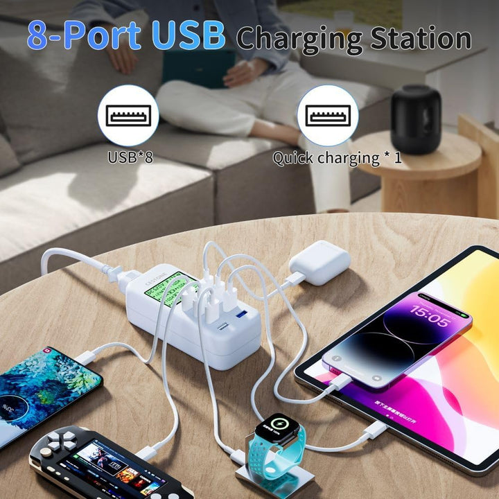 USB Ladestation, 60W/12A 8-Port USB Desktop Ladegerät, LCD Display für mehrere Geräte Aufladen, Wand