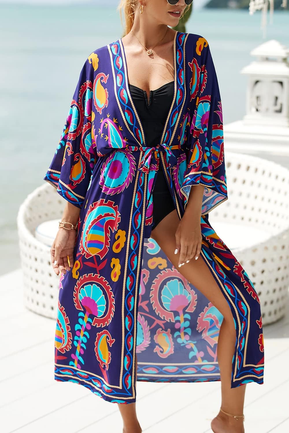 Frauen Sommer Langer Kaftan Maxi Böhmisches Kleid Strand Vertuschungsrobe Geräumiger Kimono Einheits
