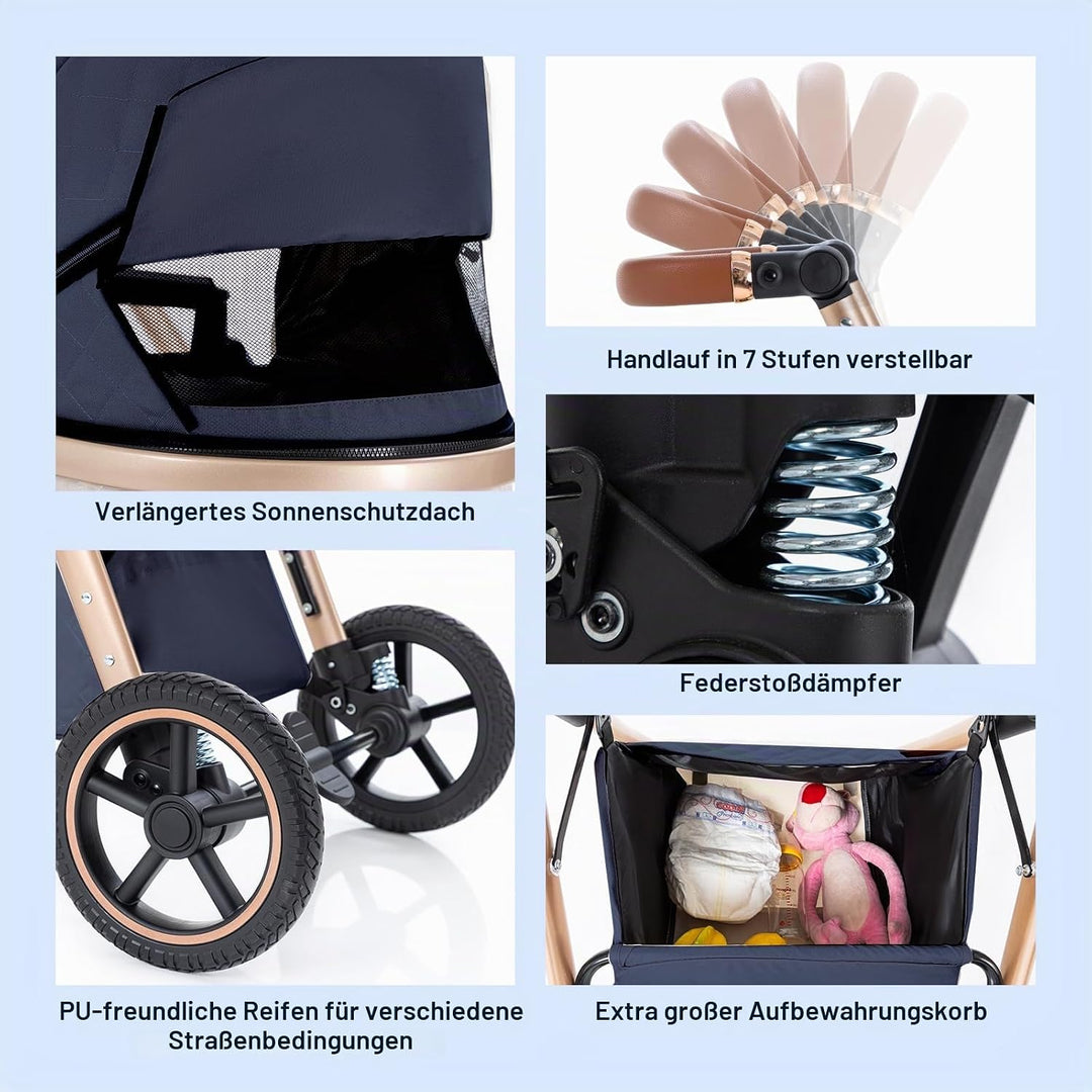 Gcarebb 3 in 1 Kinderwagen Reisesystem Mit Isofix Base, Buggy Mit Auto Babyschale, Mit Höhenverstell