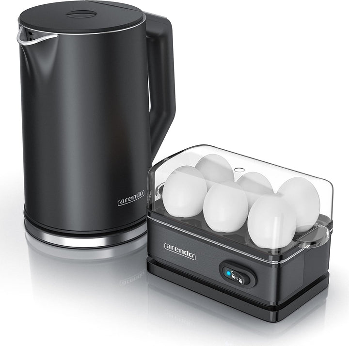 Arendo - Set Wasserkocher ELEGANT mit Eierkocher SIXCOOK Edelstahl Schwarz, Wasserkocher 1,5L 40° -
