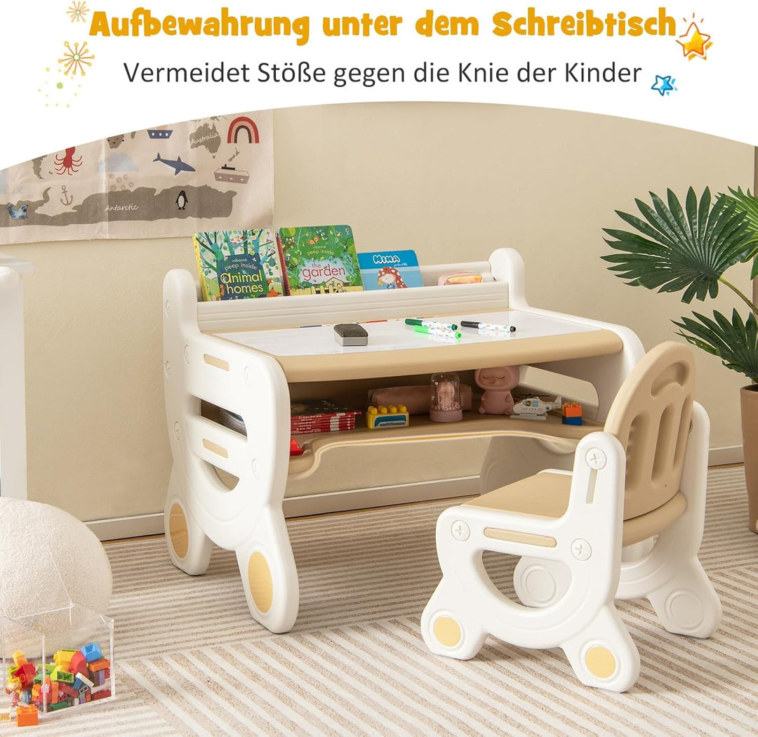 FANTASK Kinder Sitzgruppe mit höhen- und neigungsverstellbarer Tischplatte, Tisch mit Hocker, zum Ze