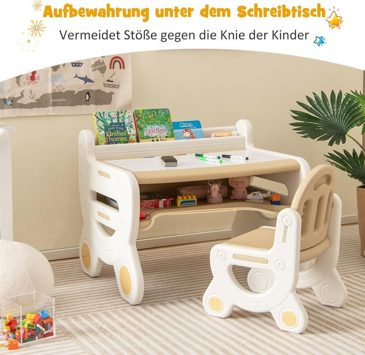 FANTASK Kinder Sitzgruppe mit höhen- und neigungsverstellbarer Tischplatte, Tisch mit Hocker, zum Ze