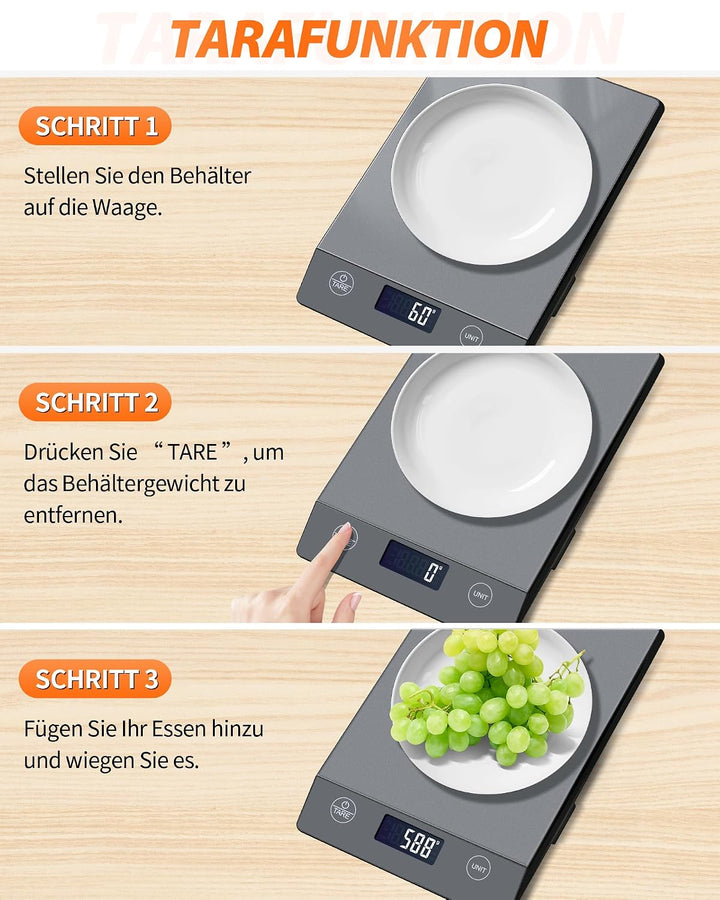 Küchenwaage Digitale mit LCD-Display und Tara-Funktion, Präzise 1g Messung zum Backen und Kochen, Gl