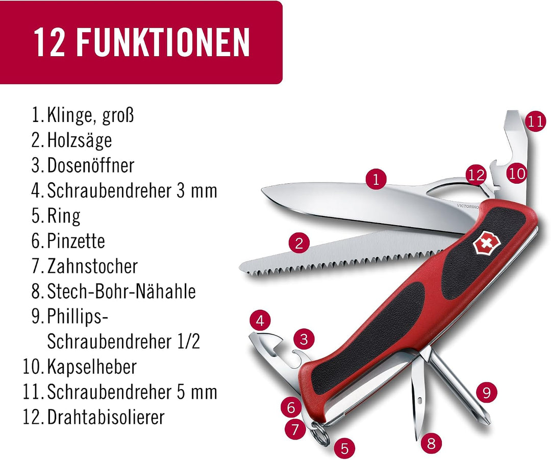Victorinox Taschenmesser Ranger Grip 78 (12 Funktionen, Einhand-Feststellklinge) rot/schwarz Single,