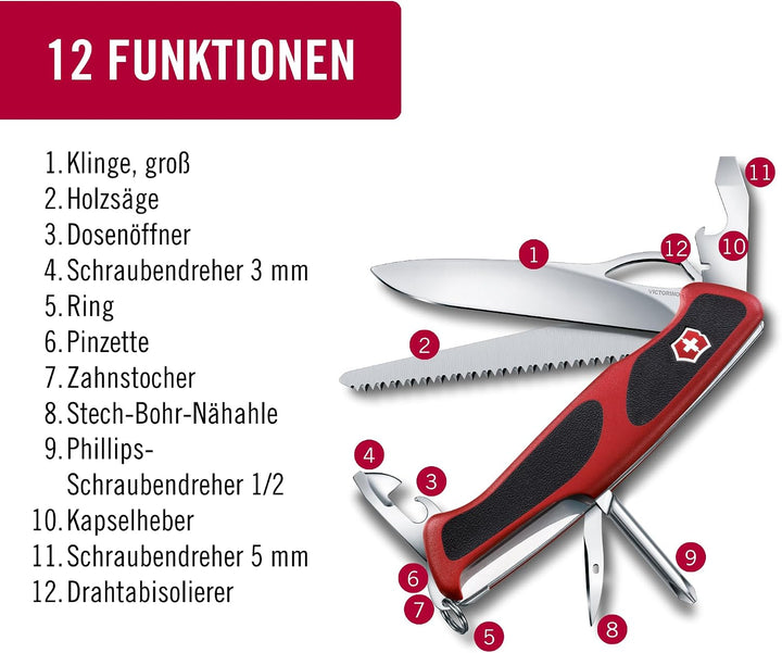 Victorinox Taschenmesser Ranger Grip 78 (12 Funktionen, Einhand-Feststellklinge) rot/schwarz Single,