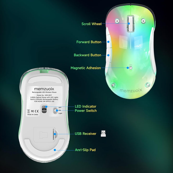 memzuoix LED Kabellose Maus – Wiederaufladbare 2.4G Optische Maus mit Magnetischer Abdeckung, Sanfte