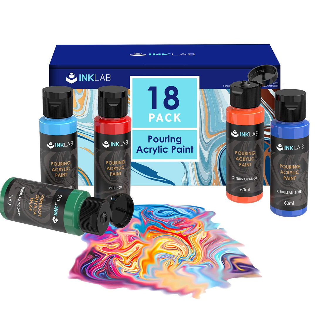 INK LAB Pouring Acrylfarben Set 18 Farben Flüssige Giessfarbe 60ml Flaschen Vorgemischte Acrylfarben