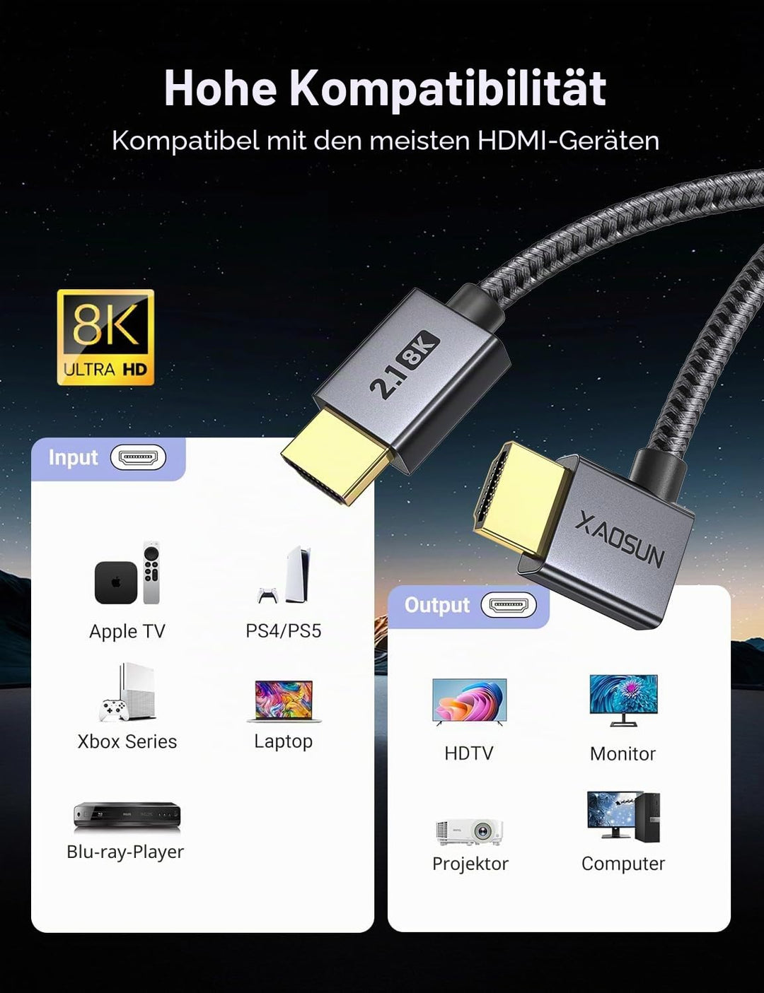 XAOSUN 8K HDMI 2.1 Kabel Winkel 2M, 48 Gbps HDMI Kabel Abgewinkelt 90 Grad, 8K@60 Hz,4K @120Hz [Dyna