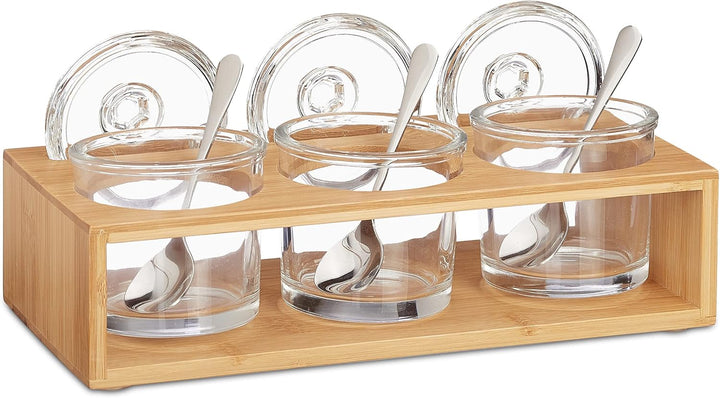Relaxdays Gewürzgläser 3er Set, mit Bambus Halter, Glas Zuckerdose mit Löffel & Deckel, Salzbehälter