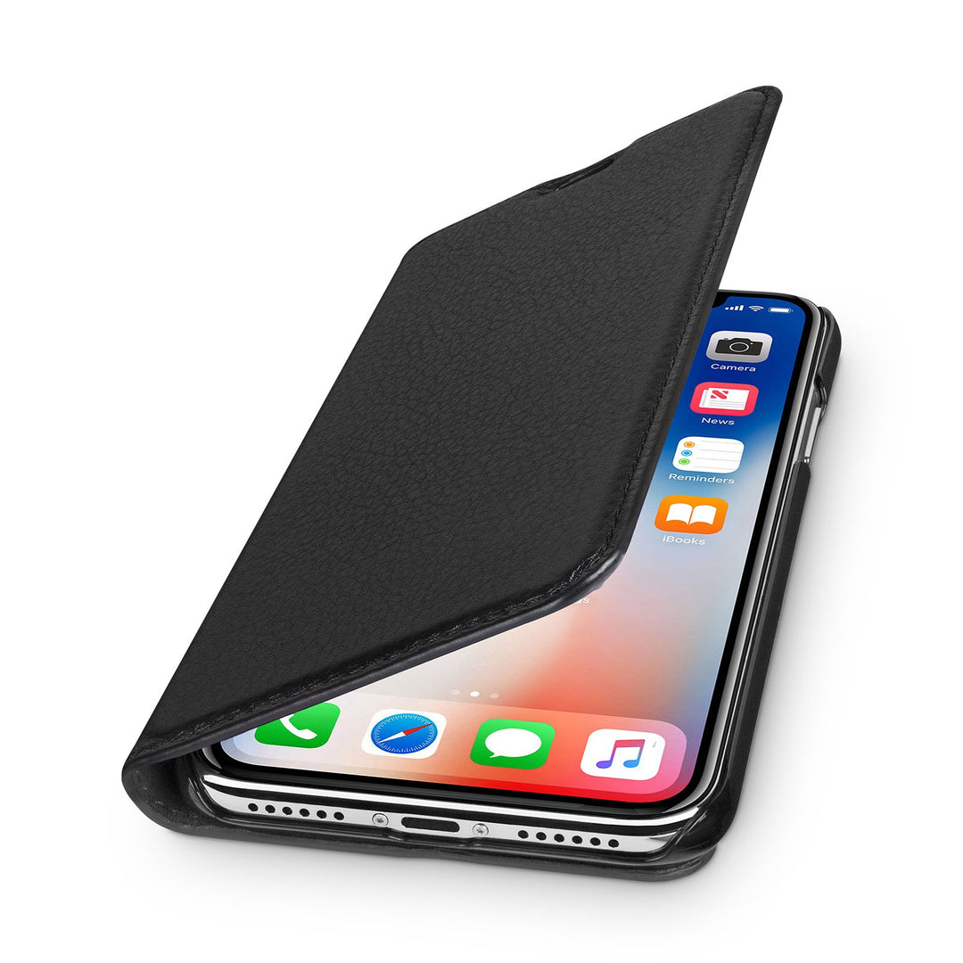 WIIUKA Echt Ledertasche - TRAVEL Nature - für Apple iPhone X und XS -DEUTSCHES Leder- Schwarz, kabel