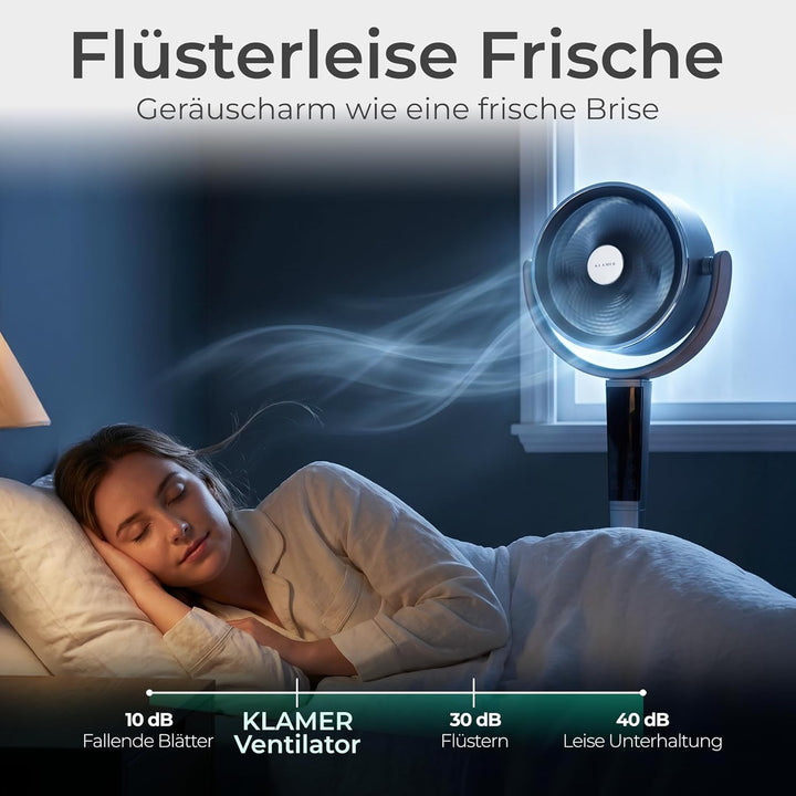 KLAMER 3D Standventilator leise mit Fernbedienung, Ventilator mit 15 Geschwindigkeitsstufen, 4 Windm