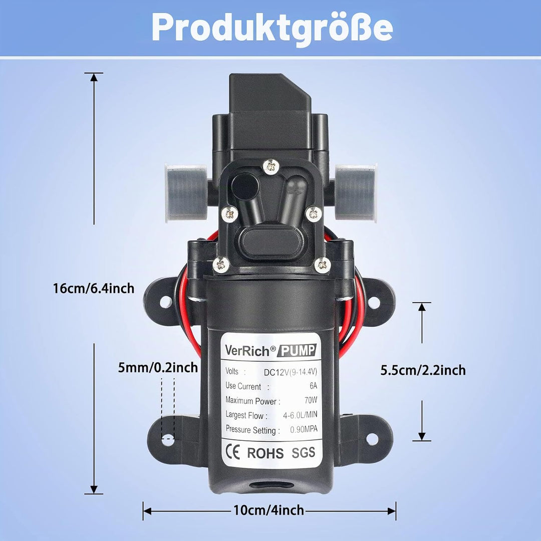 VerRich Membranpumpe, 12V Wasserpumpen 70W Selbstansaugende Pumpe 6 L/Min 0.9MPA 131 PSI mit Drucksc