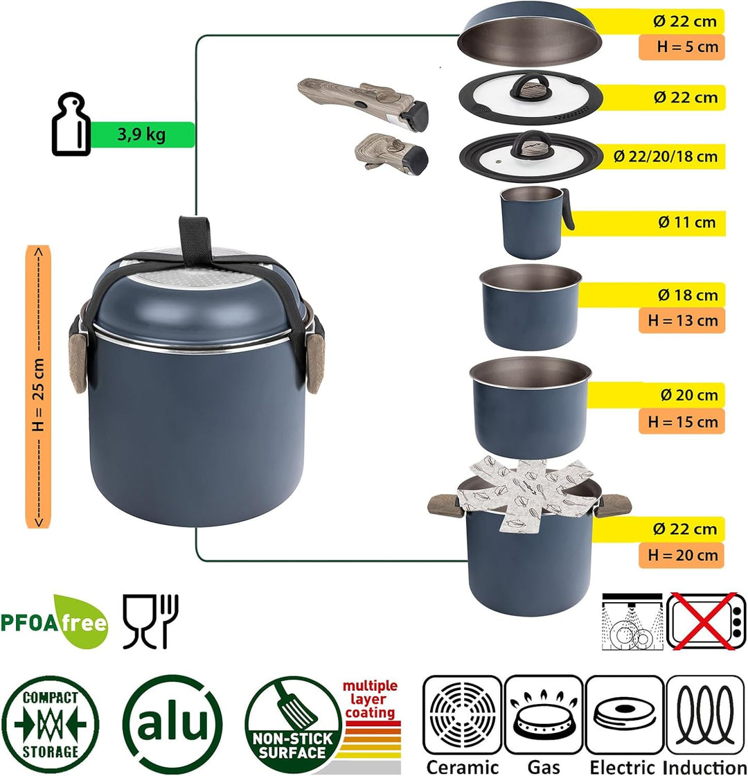 BRUNNER Camping HOHES Kochgeschirr-Set Alu (Töpfe und Pfannen) - ø 18, 20, 22 cm TORRALTA Vakublock