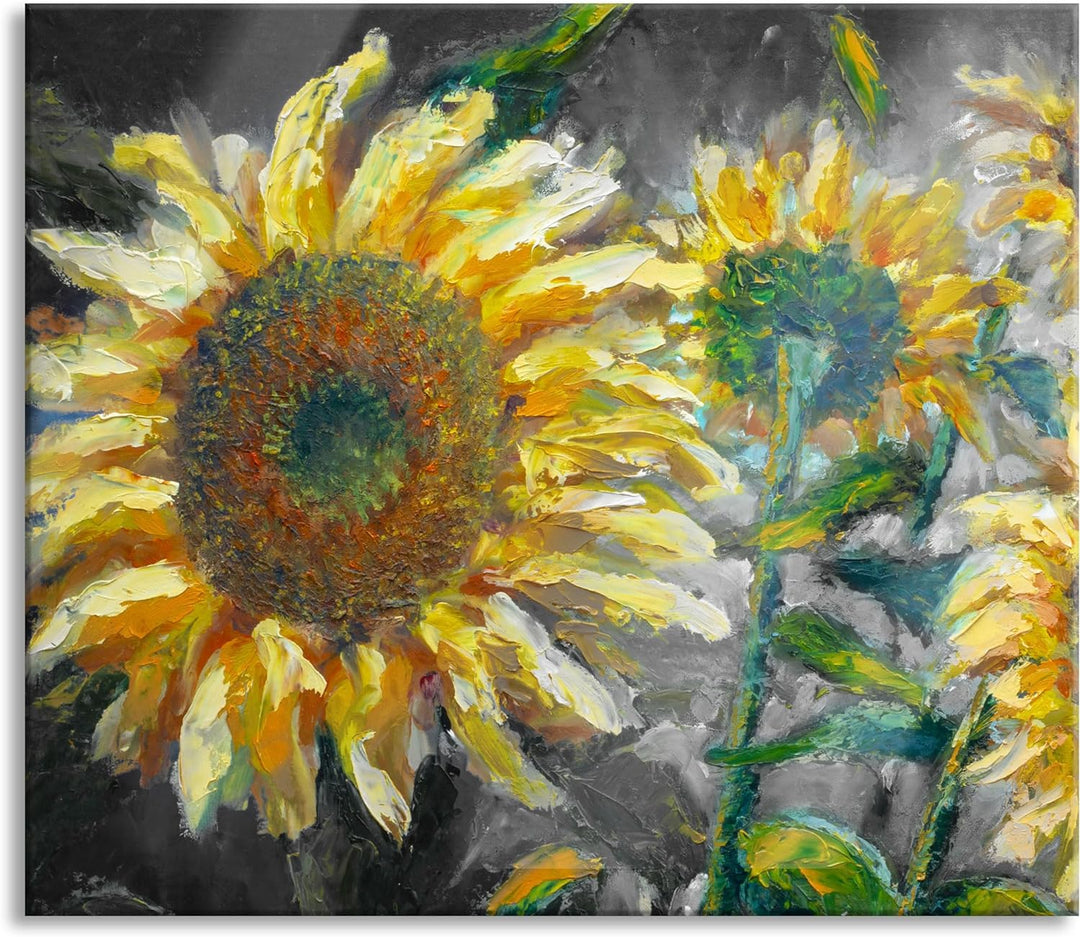 Sonnenblumen vor blauem Hintergrund B&W Detail Herdabdeckplatte & Spritzschutz aus Echtglas | Für He