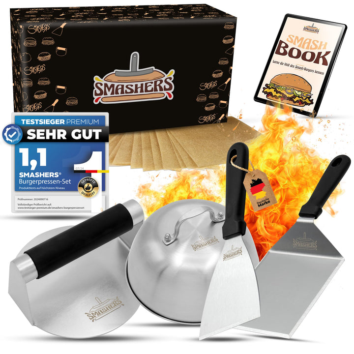 SMASHERS Smash Burger Set – Burger Smasher Set mit Burgerpresse, Grillspachtel, Pfannenwender & Burg