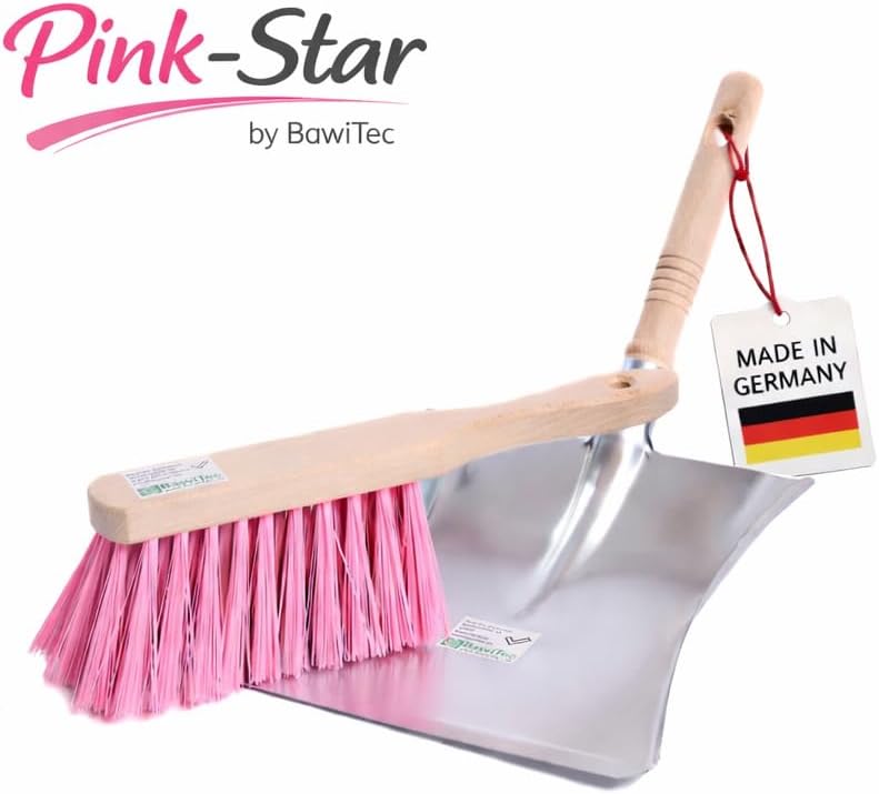 Pink-Star Besen Handfeger Set mit Pinker Borste und Metall-Kehrschaufel mit Holzgriff Kehrgarnitur f
