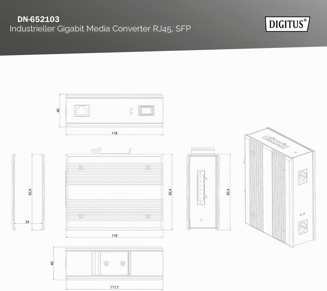 DIGITUS DIN-Rail Medienkonverter - SFP Port - Gbit Ethernet - RJ45 / SFP - 10/100/1000BaseTX zu 1000