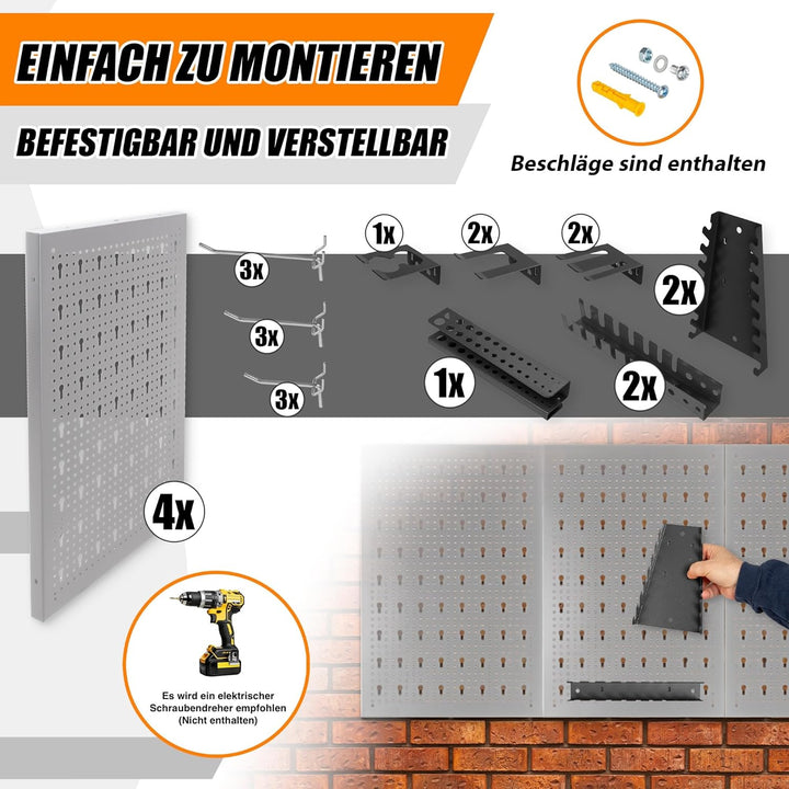 METALLMOBELL - Werkzeugwand Metall Lochwand, 160x60x2 cm, 4 Lochplatten 40x60x2 cm, Haken und Halter