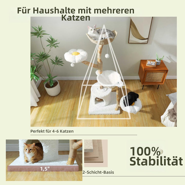 PETEPELA Kratzbaum für Wohnungskatzen, 150 cm hoher moderner Katzenbaum für grosse Katzen, mit 3 gro