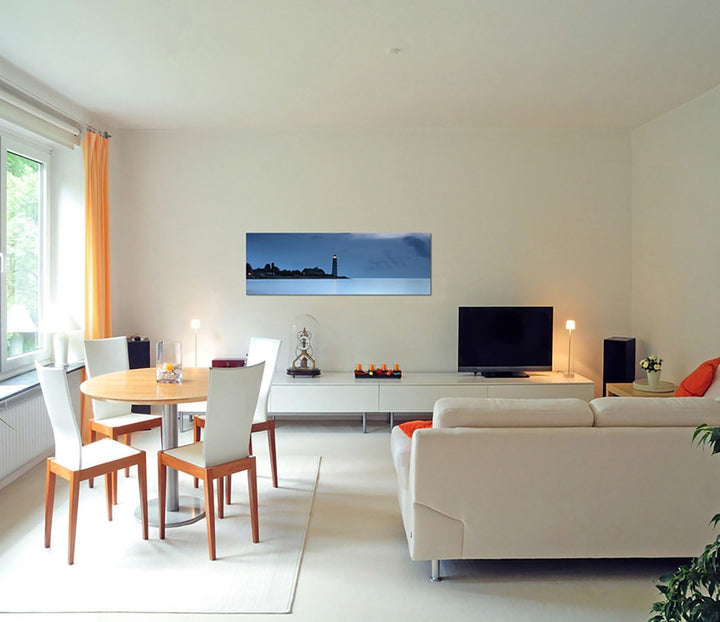 Paul Sinus Art Panoramabild auf Leinwand und Keilrahmen 150x50cm Meer Leuchtturm Nacht Nebel Steine