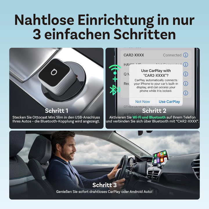 2026 Verbesserter Ottocast Mini Slim (USB-C Edition), 2-in-1 Wireless CarPlay & Android Auto Adapter