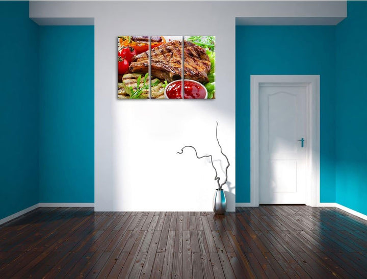 Gegrilltes Steak als 3-Teiler Leinwandbild 120x80 Bild auf Leinwand, XXL riesige Bilder fertig gerah