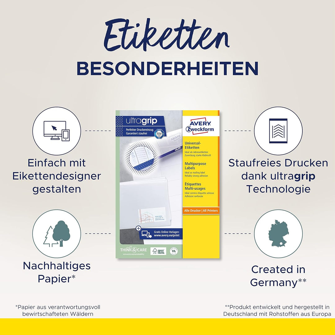 AVERY Zweckform 3483 Universal Etiketten (400 Klebeetiketten, 105x148mm auf A4, Papier matt, bedruck