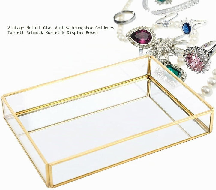 Retro Spiegeltablett, Dekotablett Gold Glastablett Tablett Vintage Metall Glas Aufbewahrungsbox Kosm