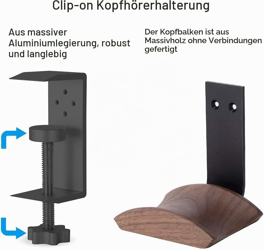 Kopfhörer Ständer mit 6cm Breiter Kopfstütze aus Nussbaum,Headset Halterung Verstellbar Clip Headpho
