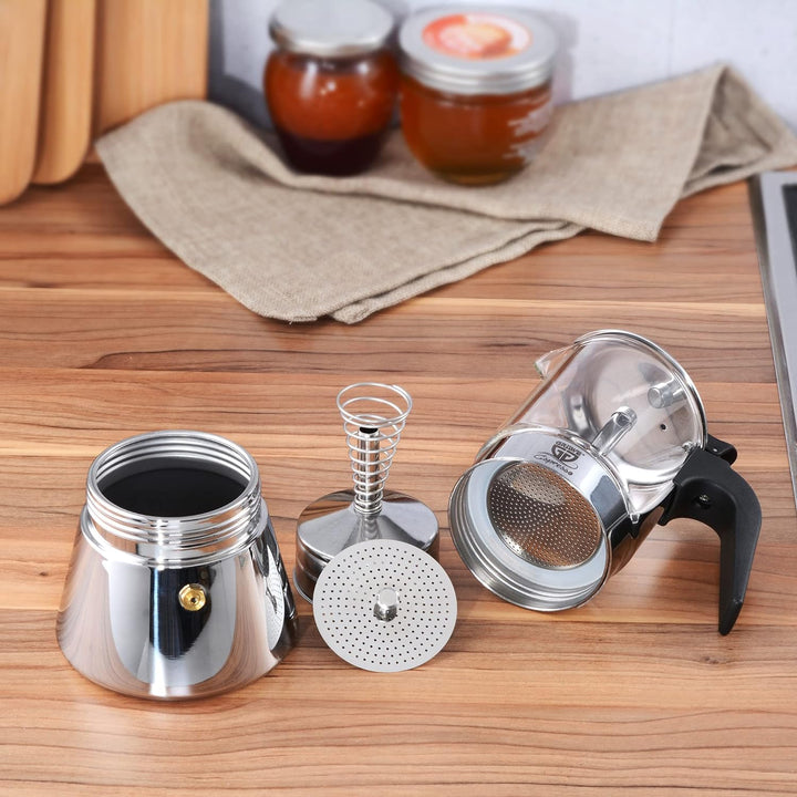 GRÄWE Espressokocher aus Edelstahl mit Glaskanne, für Induktion und alle Herdarten geeignet, spülmas