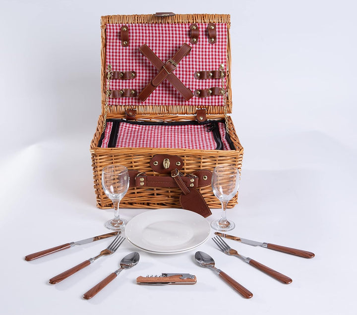 2er-Set Handgefertigtes Picknickkorb für 2 Personen mit Kühlfach und Zubehör + wasserdichte Picknick