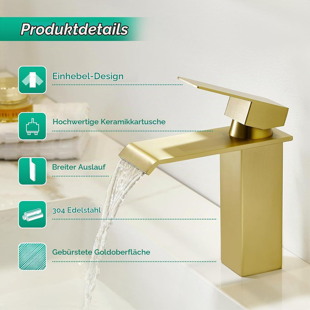 CREA Wasserhahn Bad Wasserfall, Waschtischarmatur mit Ablaufgarnitur, Mischbatterie Bad mit Auslauf