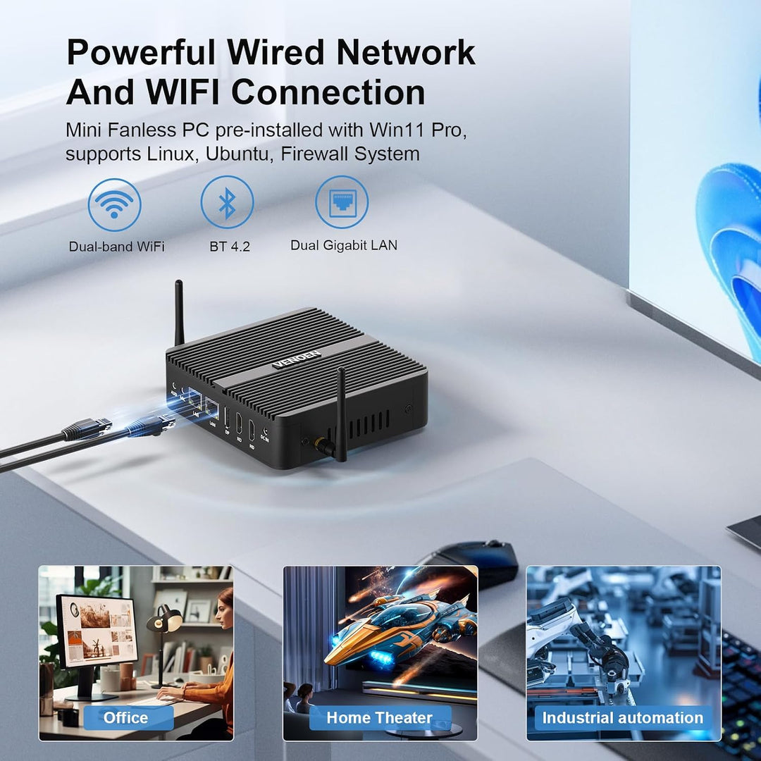 VENOEN Mini PC Industrie 12th Gen J6412 Prozessor, Lüfterlos Mini PC mit WIN11 Pro, 8GB DDR4 256GB S