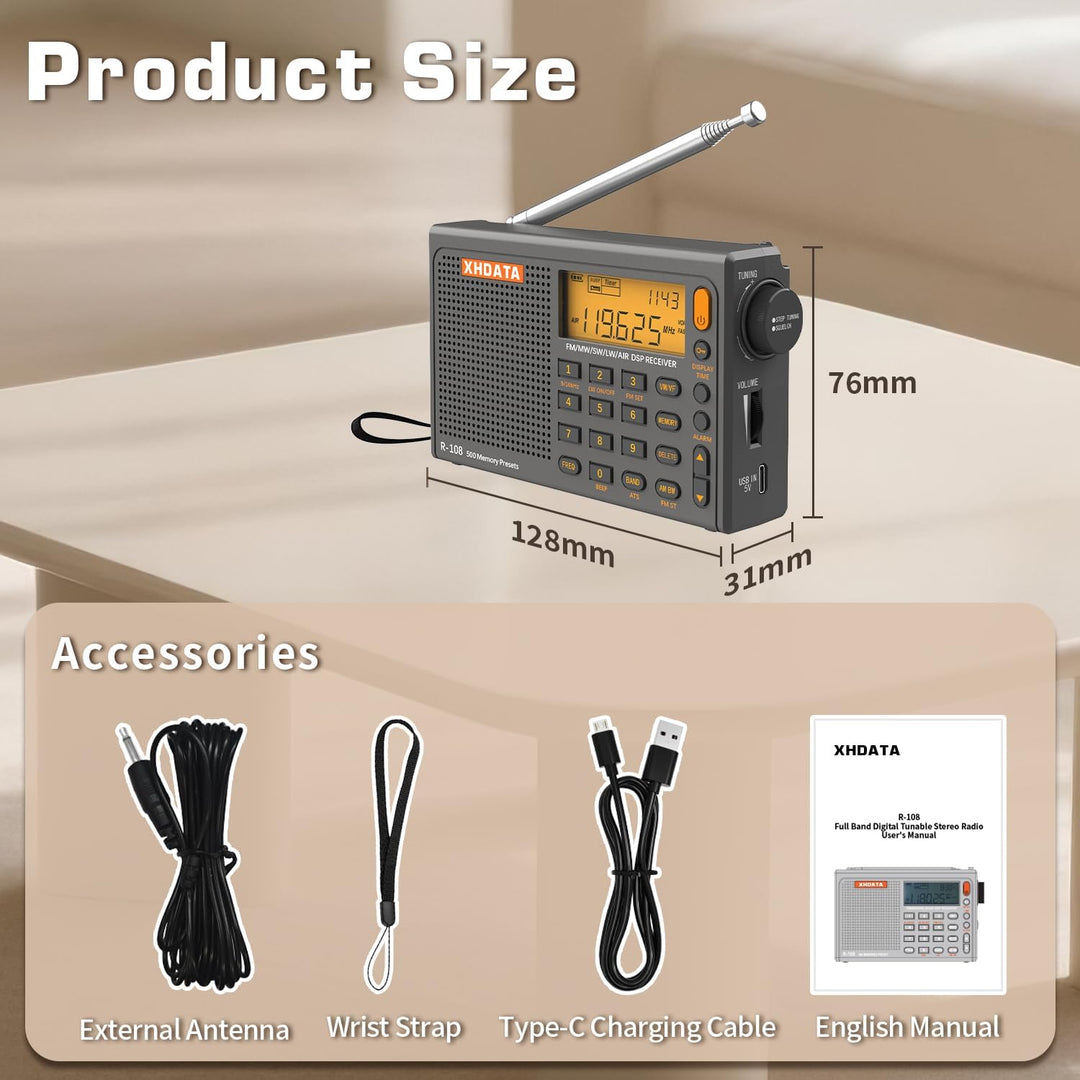 XHDATA R-108 Kleines Tragbare Radios Wiederaufladbares Batterieradio UKW FM AM SW Airband Radio welt