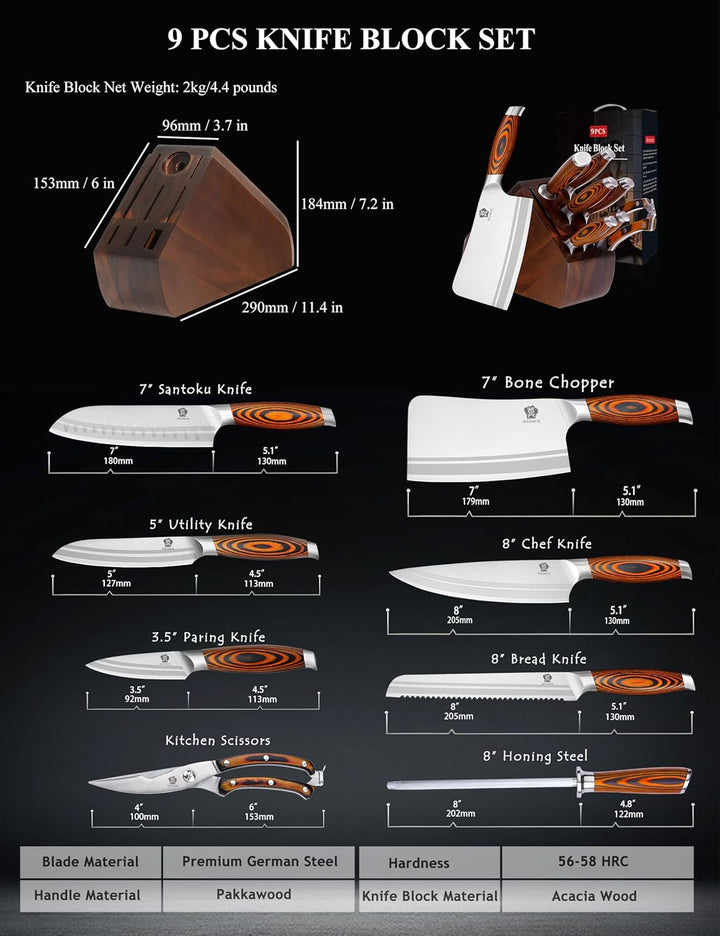 WILDMOK Messerblock Set, 9-TLG Messer Set mit Holzgriff Block, Deutscher Edelstahl Kchenmesser, Prof