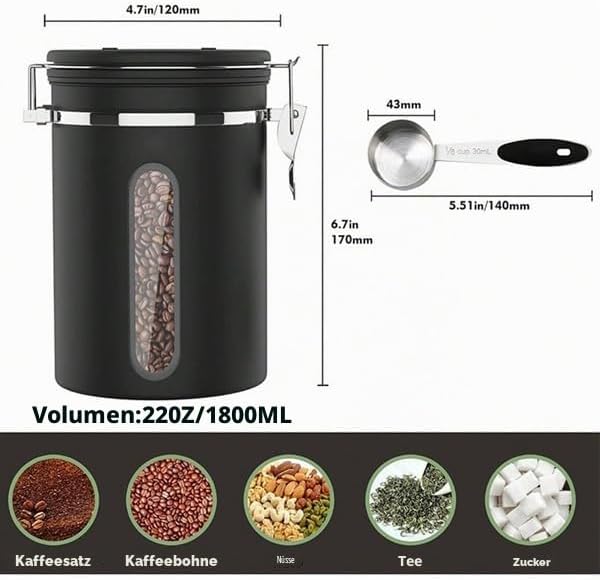 Kaffeedose Luftdicht – Premium Kaffeebohnen Behälter für 1.8L Bohnen &amp; Gemahlenen Kaffee – Vakuum Ka
