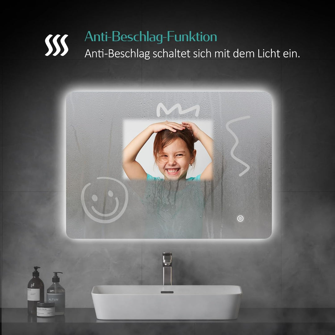 EMKE Badspiegel mit Beleuchtung 50x70cm, Badezimmerspiegel mit 3 Lichtfarben dimmbar, Antibeschlag,