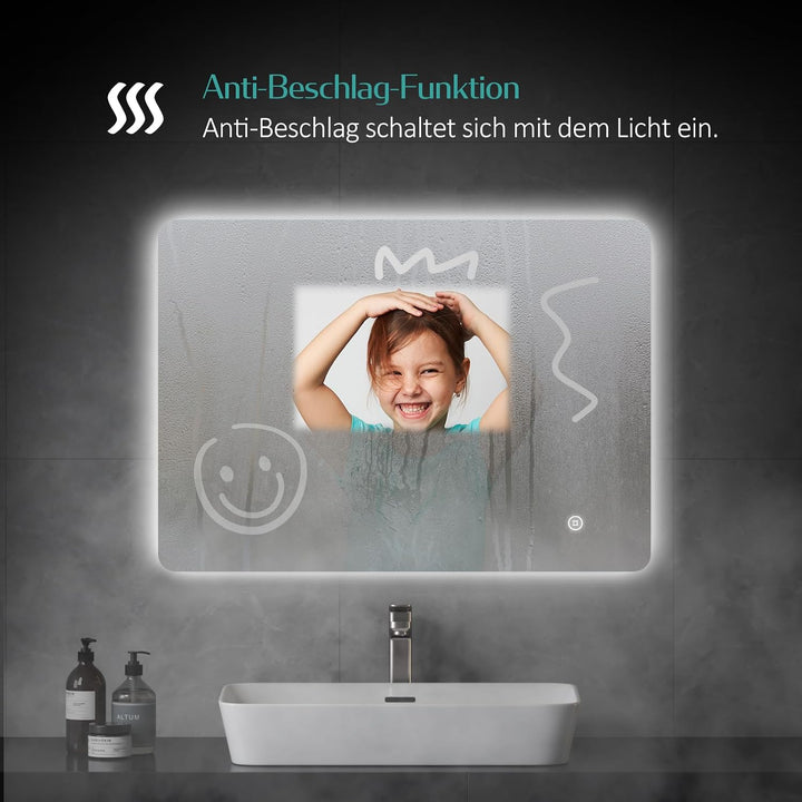 EMKE Badspiegel mit Beleuchtung 50x70cm, Badezimmerspiegel mit 3 Lichtfarben dimmbar, Antibeschlag,