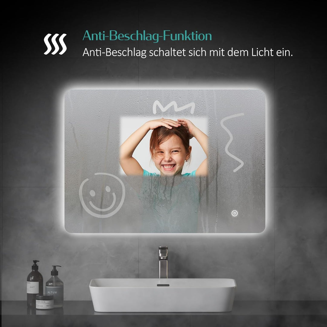 EMKE Badspiegel mit Beleuchtung 50x70cm, Badezimmerspiegel mit Beschlagfrei, 3 Lichtfarben dimmbar,