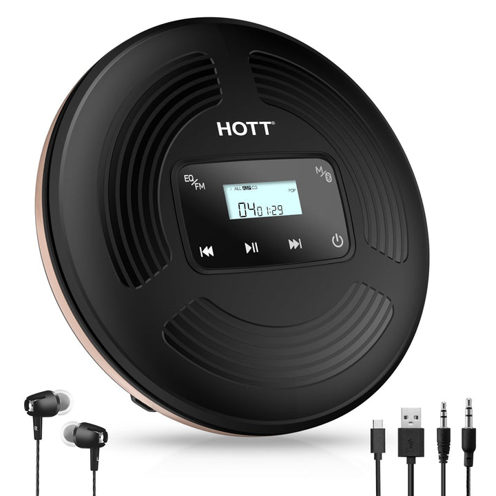 HOTT Tragbarer CD Player 1800 mAh wiederaufladbarer CD-Player mit Bluetooth und FM-Transmitter Ideal