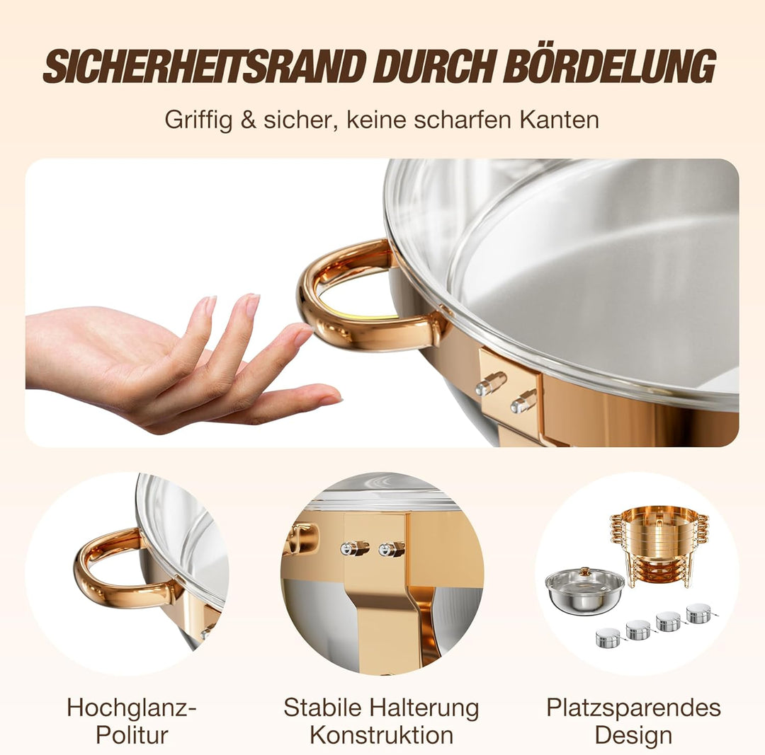 WARMOUNTS Rose Gold Chafing Dish Buffet 5L 4er Set, Rund Speisenwärmer für Catering mit Glasdeckel &
